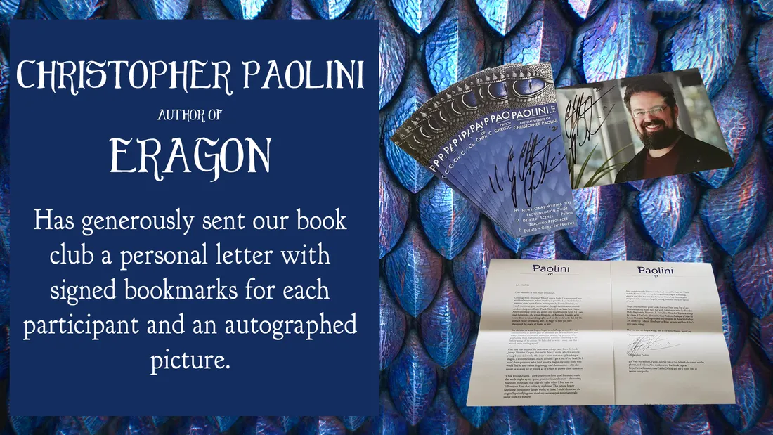 Note from Christopher Paolini, author of Eragon, with signed bookmarks for the book club